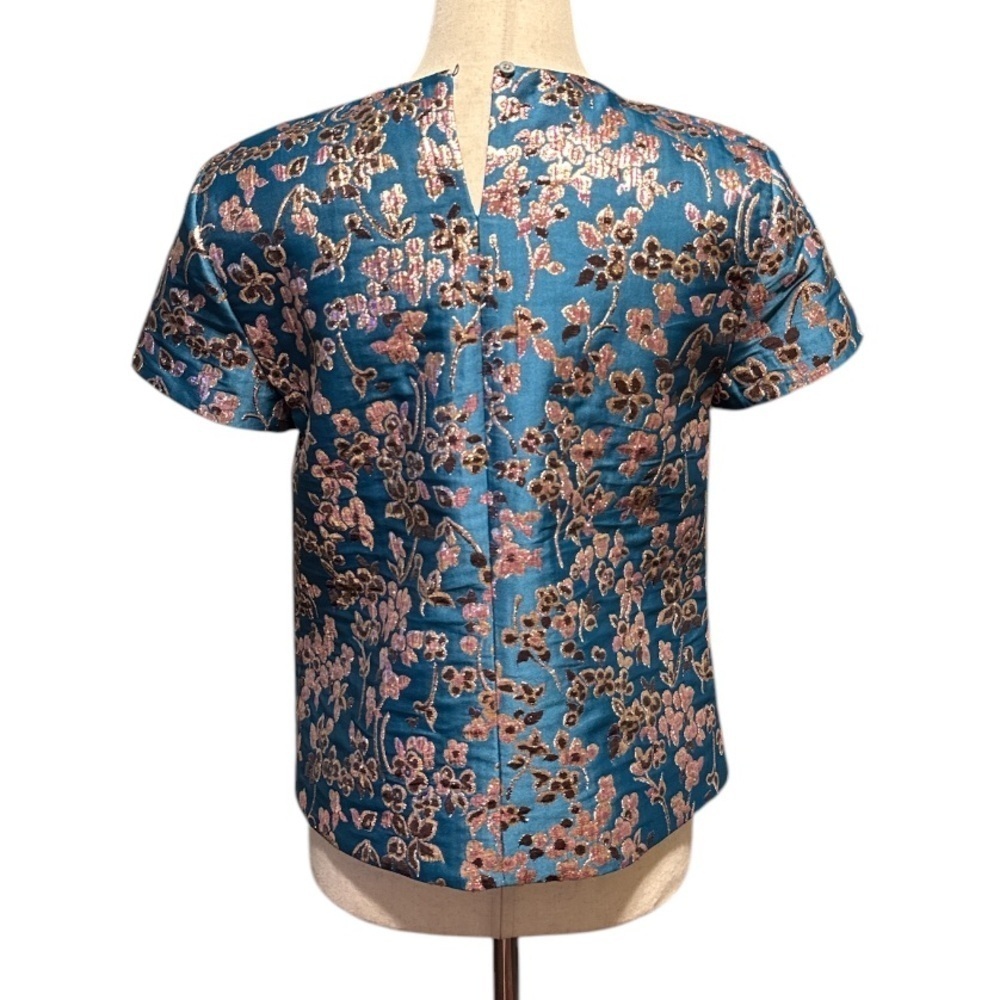 Women’s J. Crew Cherry Blossom Metallic Jacquard Top Short Sleeve Spruce Multi - Picture 6 of 6